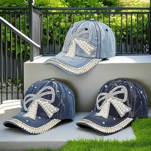 1 PC Fashion Versatile Denim Baseball Cap, Spring and Summer New Girls Cap, Pearl Diamond Denim Hat, Sun Protection Hats Halloween for Women