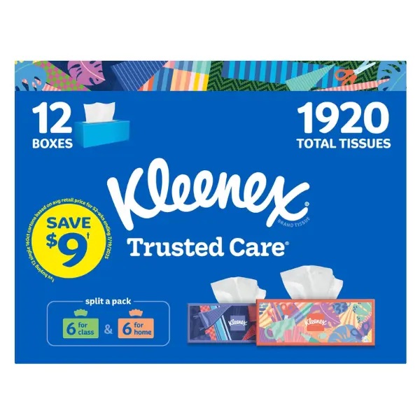 Kleenex Trusted Care 2-ply Facial Tissues, Flat Boxes (160 tissues/box, 12 boxes) Disposable Kitchen Degradable Soft 2 Ply Pattern Scent Scent