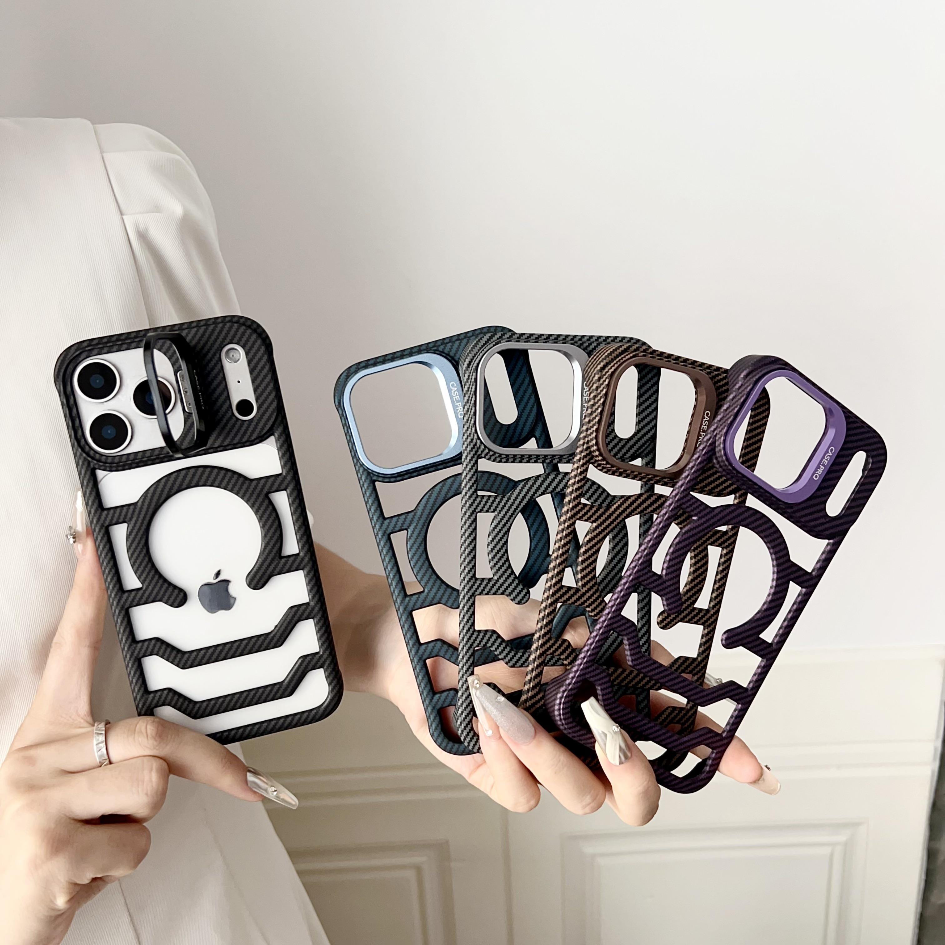 MagSafe Magnetic Carbon Fiber Texture Phone Case | Hollowed-Out Ventilated Cooling, Ultra-Thin Borderless Design with Hidden Lens Stand - Compatible with iPhone17ProMax/16Pro/15/14/13/12