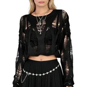 Goth Y2K Striped Sweater Ripped Punk Gothic Sweaters for Women Harajuku Aesthetic Halloween Pullover Tops Streetwear Women's Ripped Distressed Knit Top Long Sleeve Hollow Out Crochet Crop Top  Grunge Punk Halloween