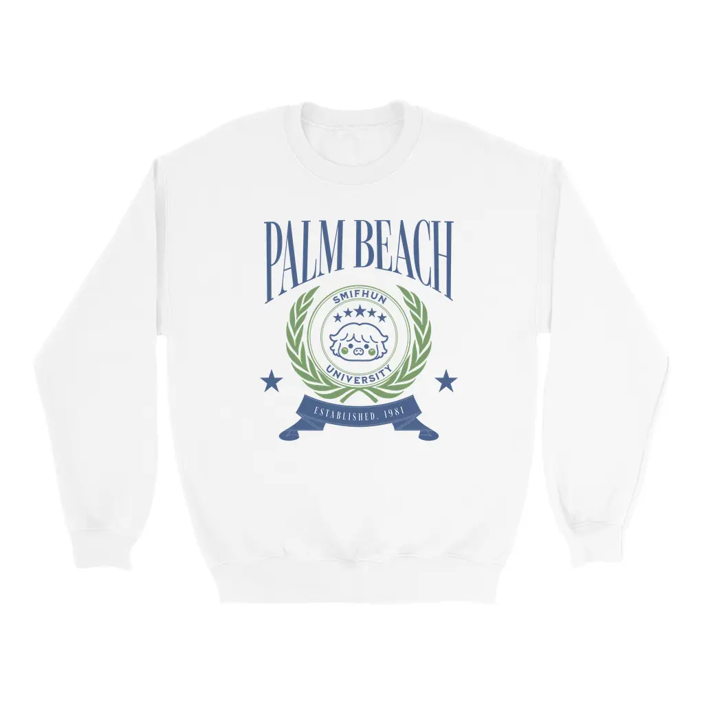 Palm Beach Varsity Sweatshirt – White Preppy Cozy Pullover | Smifhun University Crewneck