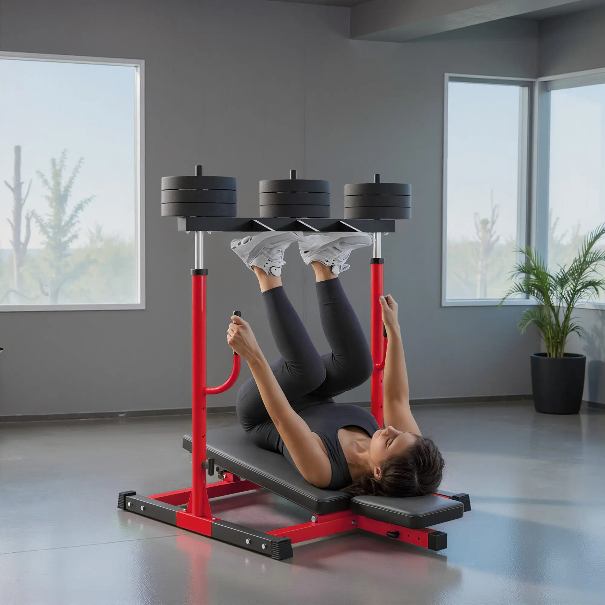 Vertical Leg Press Machine with Adjustable Leg, Back, and Head Positions, 1" Standard Plate Compatible, Red