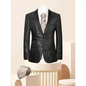 2pcs Men Suit Jacquard Blazer Jacket Golden Stripe Tie Floral Print Shawl Collar Flap Pocket for Party Banquet Leisure Occasions Men Attire