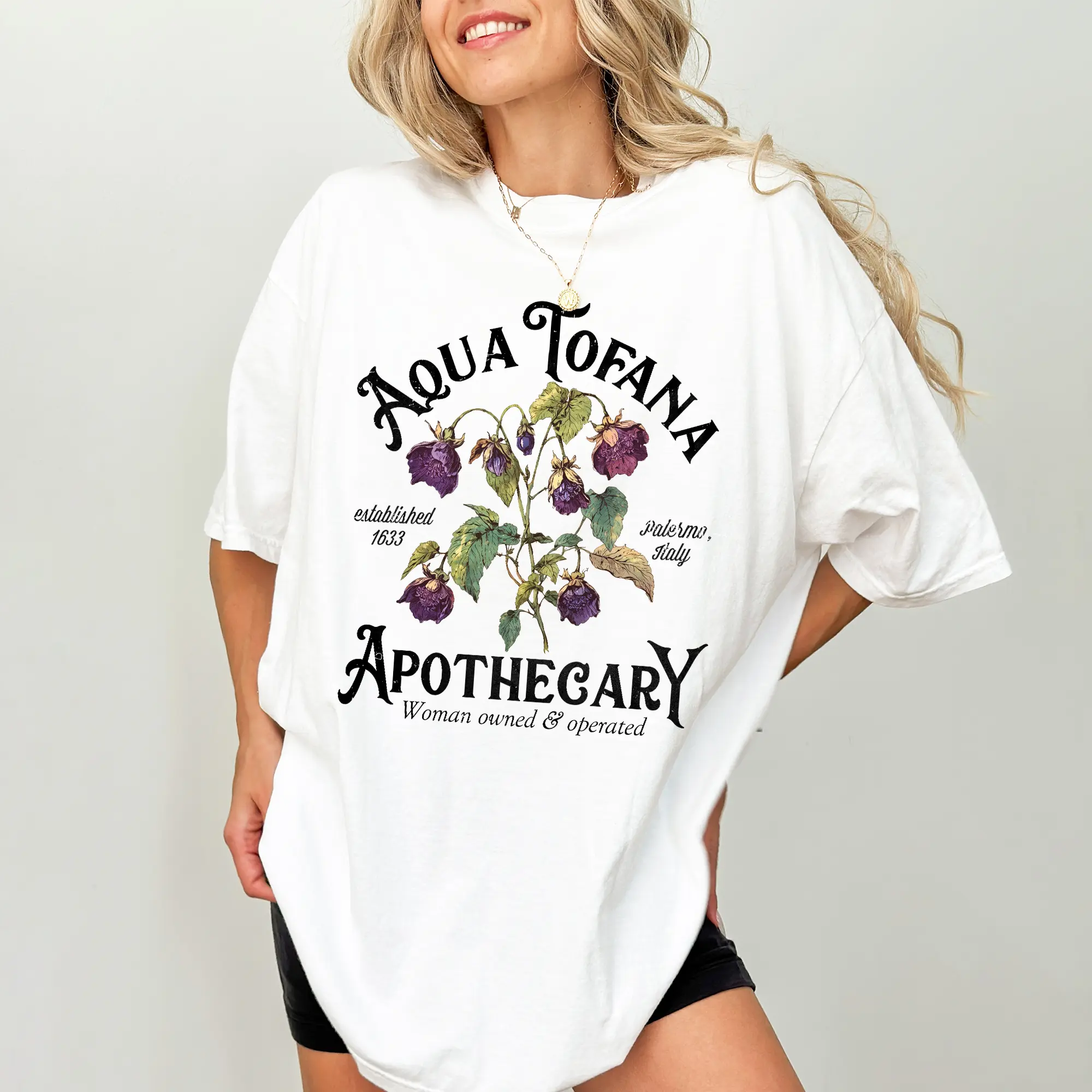 Women's Oversized Vintage Apothecary Print Graphic Tee - Soft Breathable Cotton Casual Top, Round Neck, Loose Fit, Dark Academia Streetwear, Cold Wash Compatible for Everyday Wear