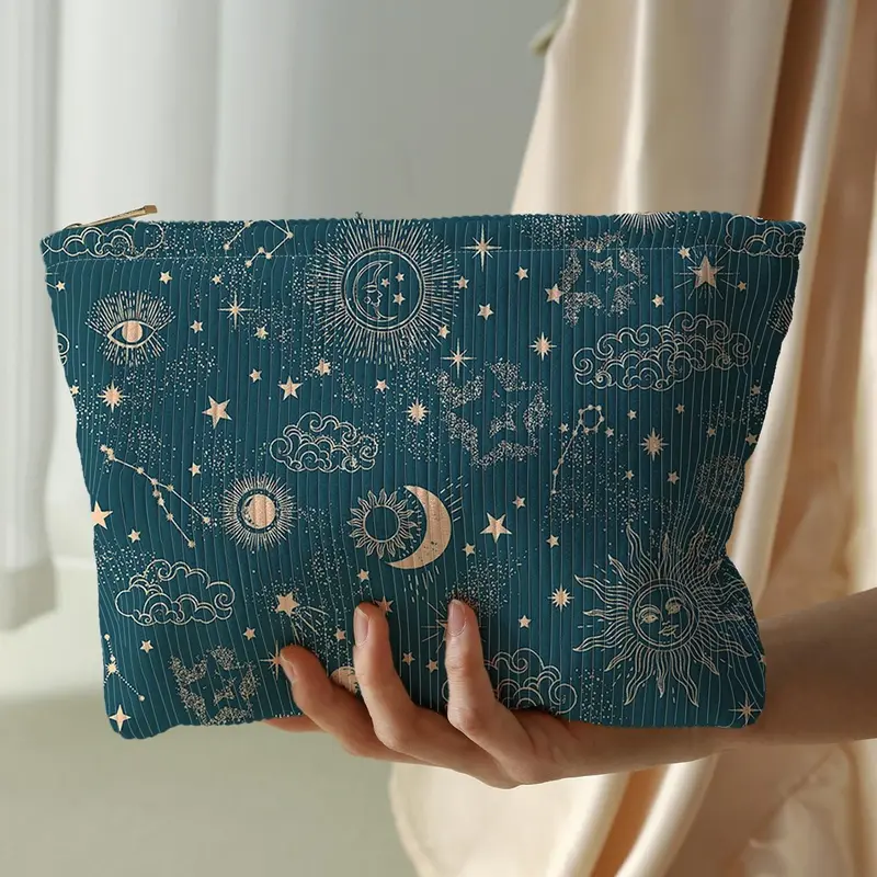 Cute Star & Moon Pattern Corduroy Makeup Bag, Lightweight Multifunctional Cosmetic Storage Bag, Casual Versatile Zipper Makeup Bag, Cosmetics Bag, Cosmetic Travel Bags for Travel & Daily Use