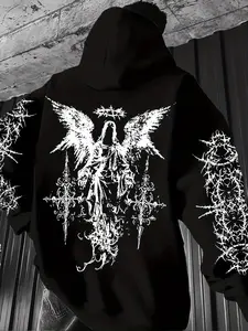 Dark Gothic Angel Graphic Oversized Hoodie, Sweatshirts, Unisex Streetwear Aesthetic, All-Over Thorn Print, Oversized Fit, Y2K Goth Trend, TikTok Viral Darkwear, Comfortable Fleece Blend, Casual Daily/Street Style, Emo/Alternative Design, Drop Shoulders