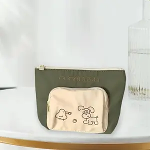 Embroidered Cat Pattern Double Layer Makeup Bag Canvas Cosmetic Pouch with Large Capacity for Travel and Daily Use