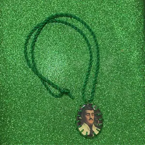Jesus Malverde Oval Ethnic Long Unisex Green Escapulario Necklace, Fashion Costume Jewelry Accessory