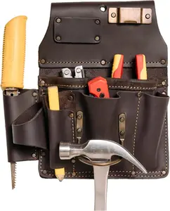 Leather Drywaller's Tool Pouch - 10-in-1 Heavy Top Grain Leather With Steel Hammer Loop & Tape Measure Clip - Fits Belts up to 3" - Handcrafted