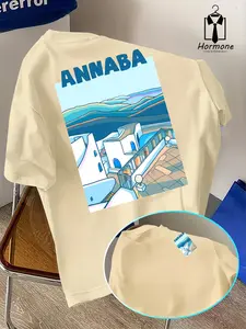 Fashion Short Sleeve Men's Shirt with 'annaba' Text, City Coastal Architecture Pattern, Polyester, Casual Fitted Style, All Seasons