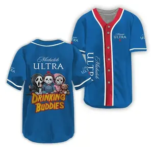 Michelob Ultra Drinking Buddies Horror Baseball Jersey Ghostface Michael Myers Jason Voorhees Halloween Unisex Oversized Streetwear Casual Summer Festival Shirt Men Women
