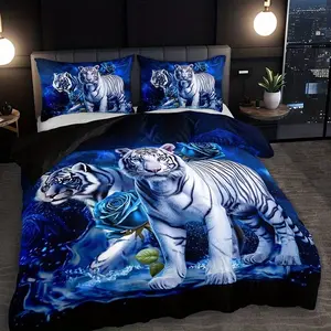 Tiger & Rose Print Bedding Set, 3 Counts/set Including 1 Count Duvet Cover & 2 Counts Pillowcase, Soft Comfortable Bedding Set for Home Bedroom Duvet Cover Sets
