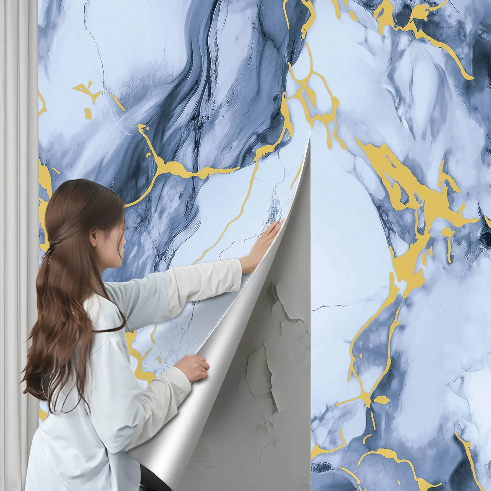 Ice Blue Kitchen Oil-Proof Sticker Waterproof Self-Adhesive Wall Paper Fireproof High Temperature Resistant Cabinet Tile Refurbishment Waterproof Wallpaper