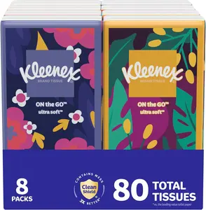Kleenex On-The-Go Facial Tissues, 8 On-The-Go Packs, 10 Tissues per Box, 3-Ply (80 Total), Packaging May Vary