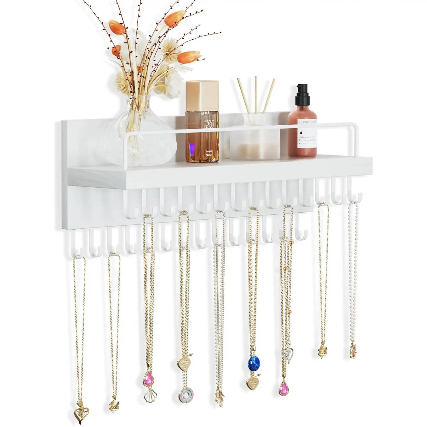 Necklace Holder Hanging Necklace Organizer Wall Mounted  Organizer with 28 Hooks and Perfume Shelf,  Necklace Hanger Rack for Bracelets -White
