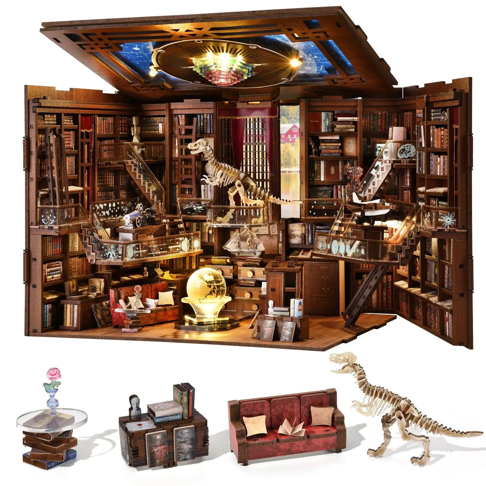 MiniCity Beyond Library Max Book Nook Kit – DIY Miniature Library Bookshelf Insert with LED Light & Dust Cover, Fantasy Reading Room Decor