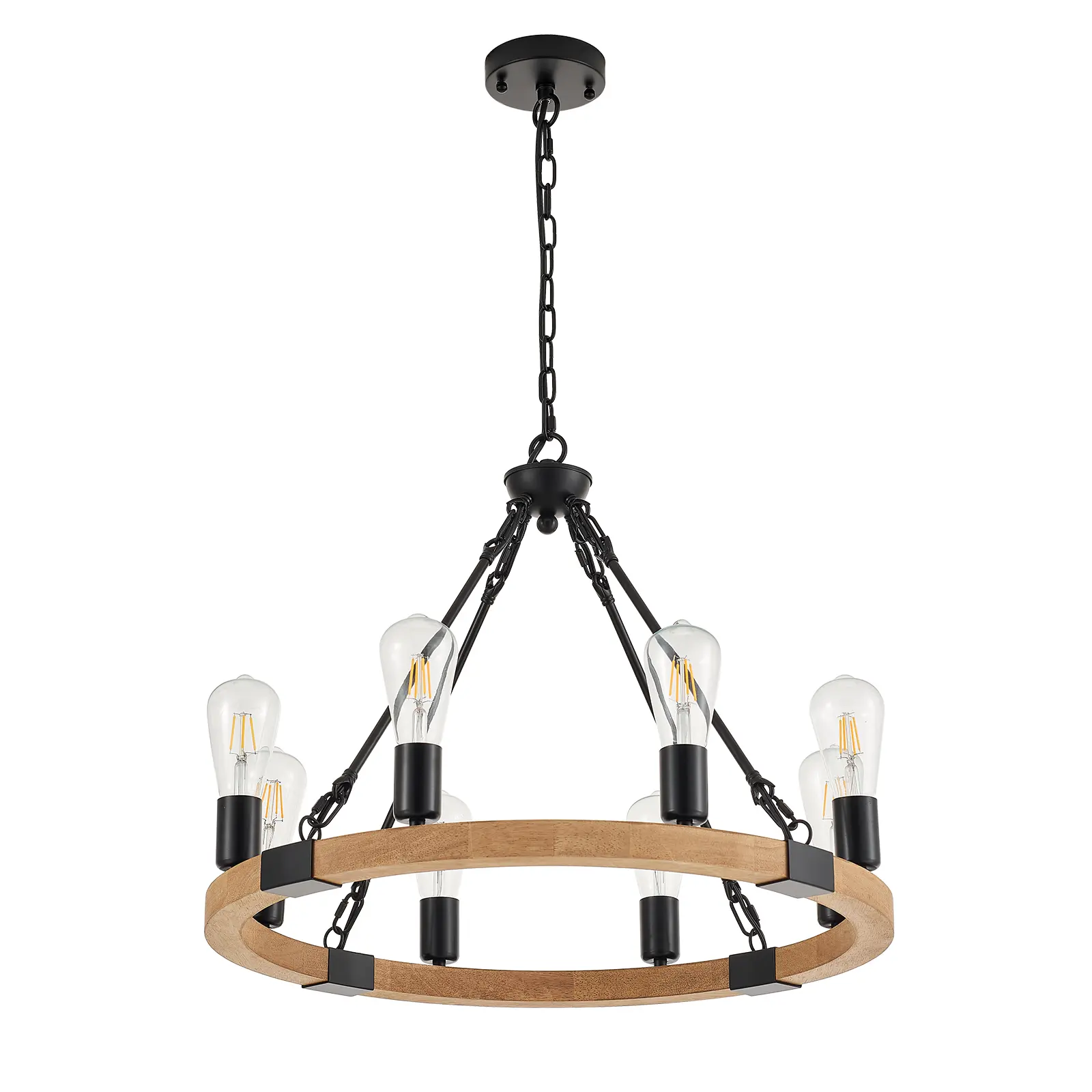 iTni Modern Farmhouse Wood Wagon Wheel Chandelier - 12cm Wide, Adjustable Height, 8-Bulb Base, 40W Compatible with Incandescent/CFL Bulbs (Bulbs Not Included) - Ideal for Dining Room, Home Office