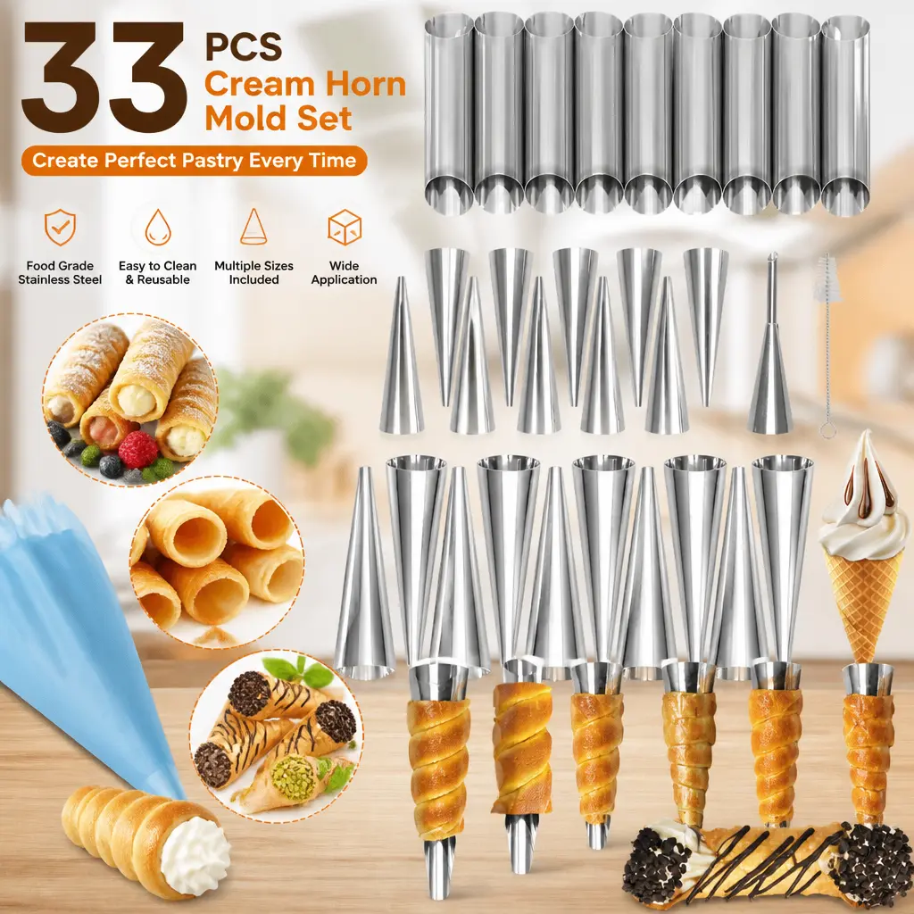 33pcs Food-Grade Stainless Steel Cannoli Molds Bakeware Set - Family Kitchen Fryer-Safe, Non-Toxic Baking Tubes for Cream Horn, Danish Pastry - Mid Year Sale Deals (Pastry Won’t Stick)