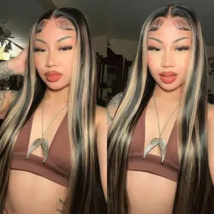 180% Density Upgrade Black With Blonde Highlights Wig Human Hair 13x4 HD Lace Frontal Wig Straight Luxury Balayage Blonde Highlight Wig 12A Grade Raw Hair Pre-Plucked Piano Colored Lace Front Wig, Wigs, Heat Resistant