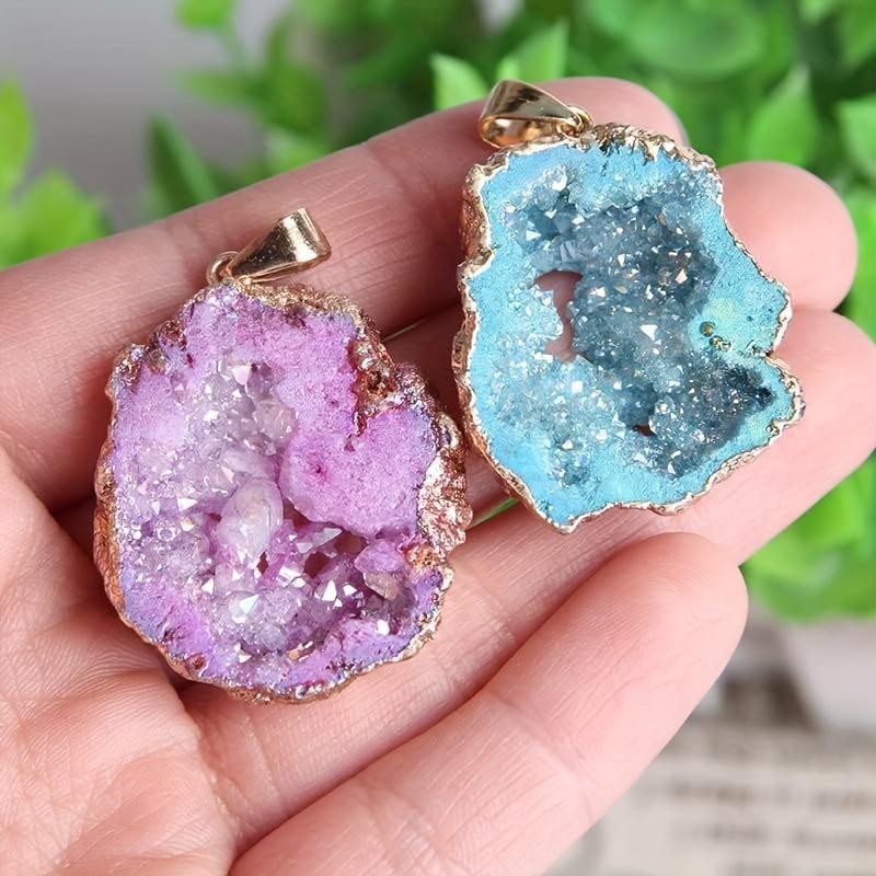 2Pcs Natural Agate Slice earring Necklace - Irregular Slice Natural Quartz Geode Pendant Necklace, Vintage Crystal Agate Geode Slice Necklace Charm Pink Blue,Bohemian Natural Stone Jewelry for Women, Mother's Day gift home decor