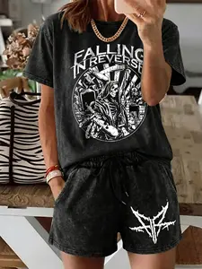 Women's Casual Two-Piece Set, Washed Short Sleeve Shorts with Reverse Print, Vintage Street Fashion, Perfect for Holidays and Travel, Womenswear