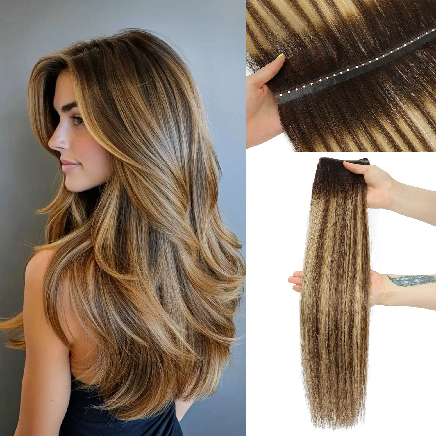 OVO Double PU Butterfly Weft Hair Extensions Human Hair Ombre Brown Highlight Seamless Invisible Weft Beaded Flat Weft Extensions Soft Natural Real Human Hair Extensions for Women