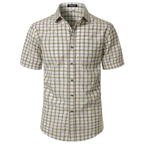 JEMITOP Men's Checked Button-Down Short-Sleeve Shirt - 50% Cotton Lightweight Fitted Collared Dress Shirt with Pocket, Preppy Business Casual Wardrobe Staple