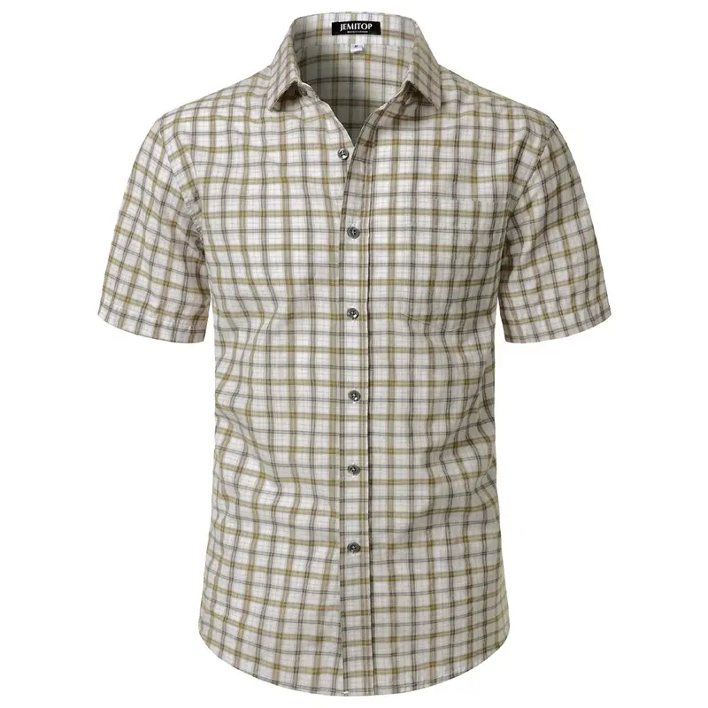 JEMITOP Men's Checked Button-Down Short-Sleeve Shirt - 50% Cotton Lightweight Fitted Collared Dress Shirt with Pocket, Preppy Business Casual Wardrobe Staple