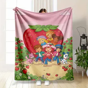 Strawberry Field Cartoon Print Flannel Blanket Vibrant Berry Garden Motif Ultra Soft Breathable Lightweight Texture Cozy Bedding Throw For Bedroom Living Room Camping Picnic Travel Gifts