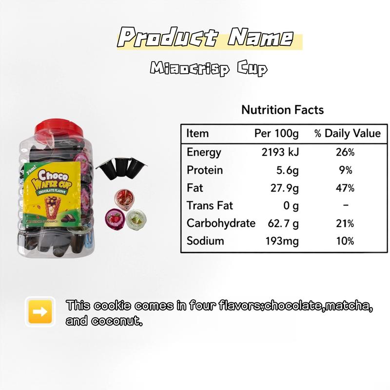 Choco Wafer Cup 60-Piece Tub of Chocolate Matcha Coconut Flavors Perfect Gifts for Parties Snacks Kids & Adults Enjoy Yummy Treats Variety of Flavors