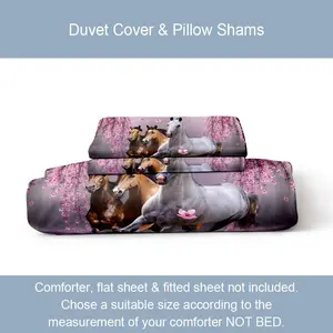 3-piece Cherry Blossom Horse Pattern Duvet Cover Set, Suitable for Double/Full/Queen/King Size Beds