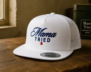[BEST 2026] Mama Tried Trucker Mesh Snapback Flat Bill Hat Cap White Embroidered