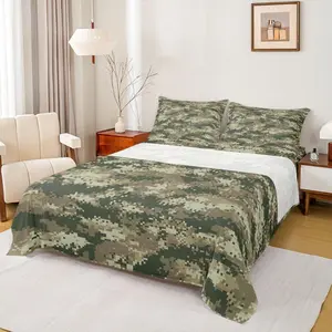 Green Camouflage Bed Sheet Set,Geometric Abstract Army Camo Bedding Set for Kids Men Boys Adult Room Decor,Army Soldier Lovers Fitted Sheet Modern Top Flat Sheet
