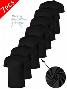 Men's 7-Piece Solid Color Short T-Shirt Set, Breathable Comfort for Summer Casual Wear, Quick-Dry Moisture-Wicking Fabric, Multiple Colors