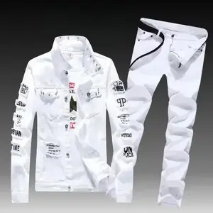 sets for men clothing Spring Autumn Mens Denim Jacket + Jeans Pants Set Fashion Single Breasted Coat Trousers Two Piece Denim suit Clothes Sleeve Sleeved Basic Formal Menswear 2 Piece Denim Outfit Jean Jacket and Jeans Set Denim S