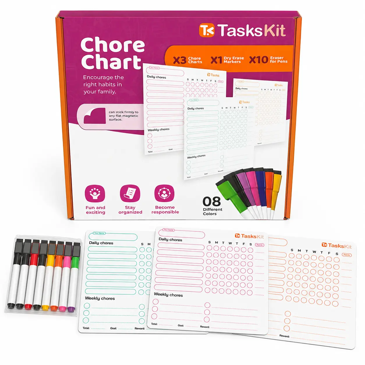 TasksKit Magnetic Chore Chart 3 Pack with 10 Dry-Erase Markers & Erasers for Kids' Daily & Weekly Tasks Organization