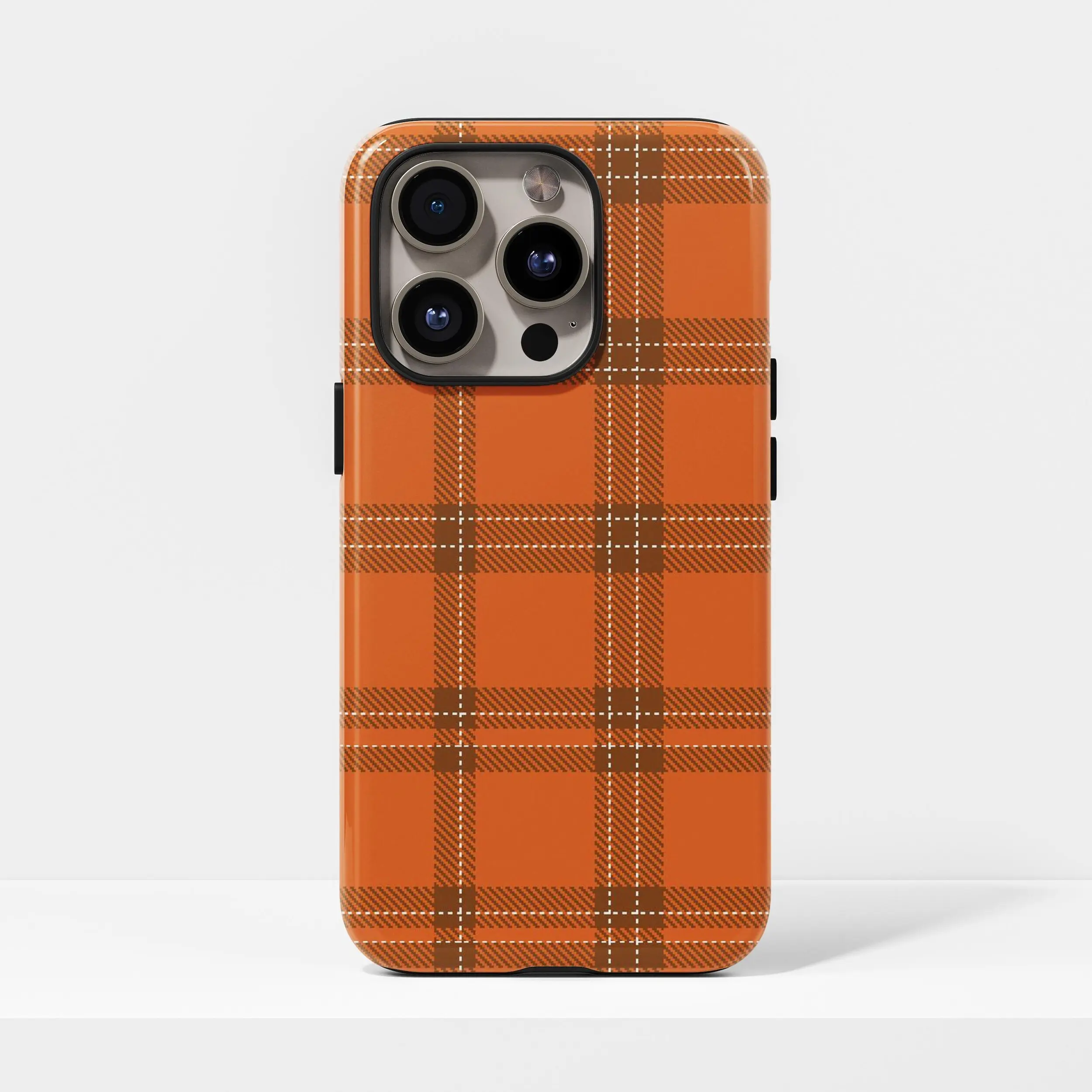 Plaid Orange Pattern Autumn Rugged Phone Case Compatible with iPhone 17, 16, 15, 14, 13, 12, Plus, Pro Max,  S25, S24, S23, S22 Ultra