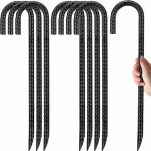 8 Pack Galvanized Steel J Hook Rebar Trampolines Stakes-12 Inch Long, 0.4 inch Diameter Heavy Duty Ground Anchors, Multi-Purpose Garden Stakes for Tent, Fences, Landscape, Black