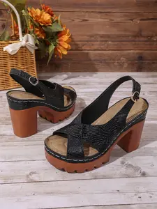 European and American Style Thick Sole High Heel Sandals for Women, Vintage Wood Grain Open Toe Shoes, Snake Pattern Cross Strap Roman Shoes