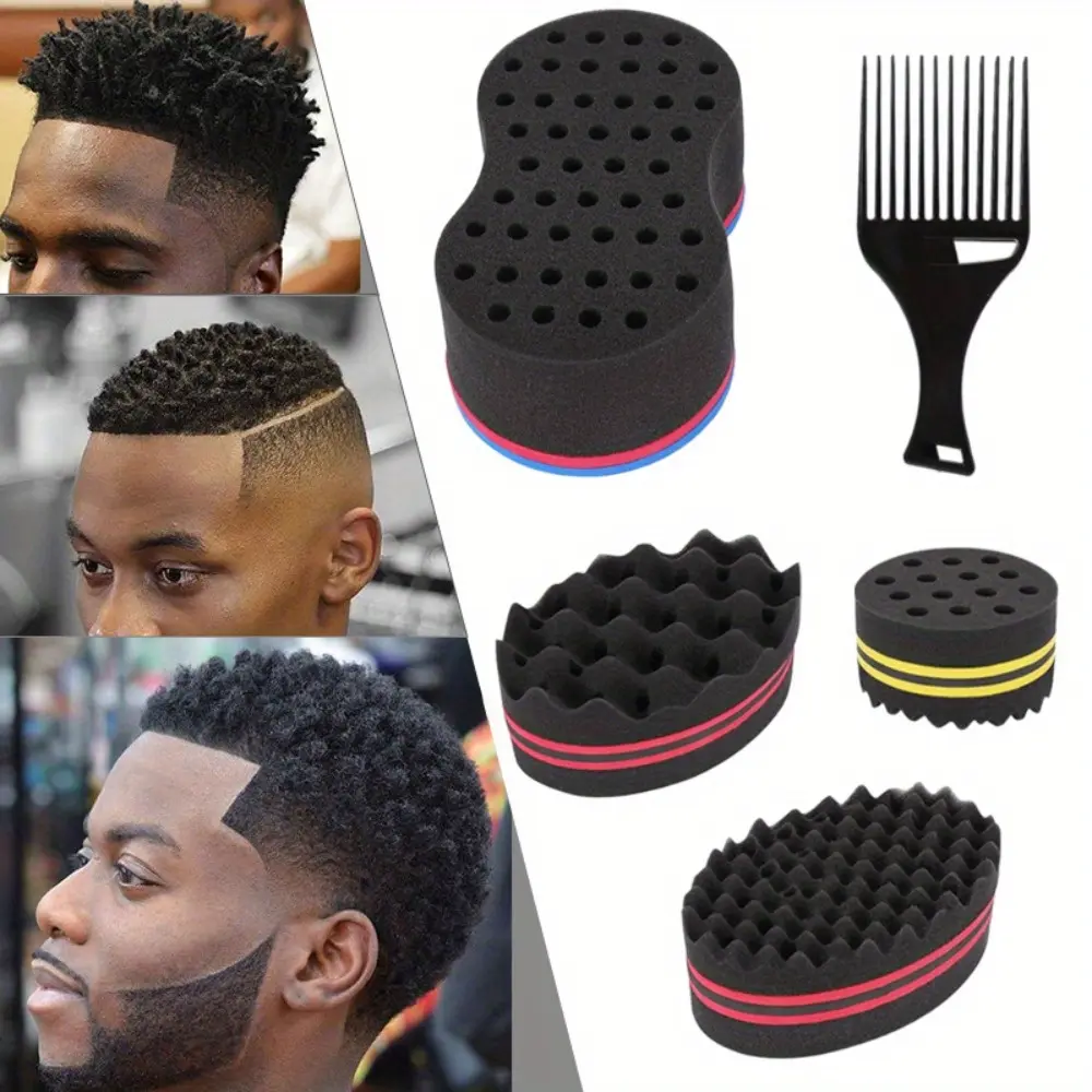 Big Hole Hair Sponge Brush Kit for Twists & Coils, 5-Piece Black Set with Comb, Portable & Reusable Double-Sided Styling Tool for Men & Women, Black 5Pcs, Wet Hair, Coily Hair