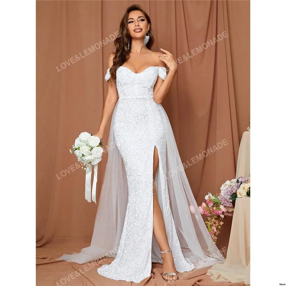 Dress Split Off LOVE LEMONADE Shoulder Thigh Mermaid Sequin Wedding White  Elegant Bridal - TikTok Shop
