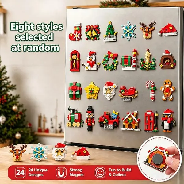 Christmas Fun Assembly Fridge Magnet Set – 8 Random Designs with No Duplicates, Featuring Santa Claus and Christmas Tree, Ideal for Family Activities, Parties, and Surprise Gift-Giving