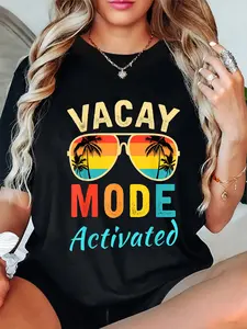 100% Cotton Unisex Vacay Mode Activated Vacation Summer Cruise Getaway Holiday T-Shirt Graphic Printed Casual Round Neck T shirt