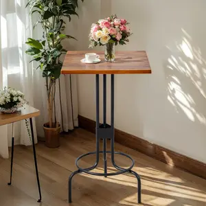 41.42" Tall Café Pub Bistro Bar Table, Industrial Design Metal Base, Rustic Brown-Square Wooden Top 23.62" L x W, Accent Table for Dining Room, Kitchen, or Bar Area