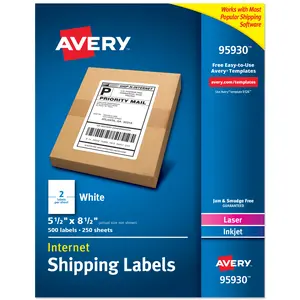Avery® Half Sheet Printable Shipping Labels, 5.5" x 8.5", White, 500 Blank Mailing Labels, Great for Packages, Product Merchandising, Organization, and More (95930)