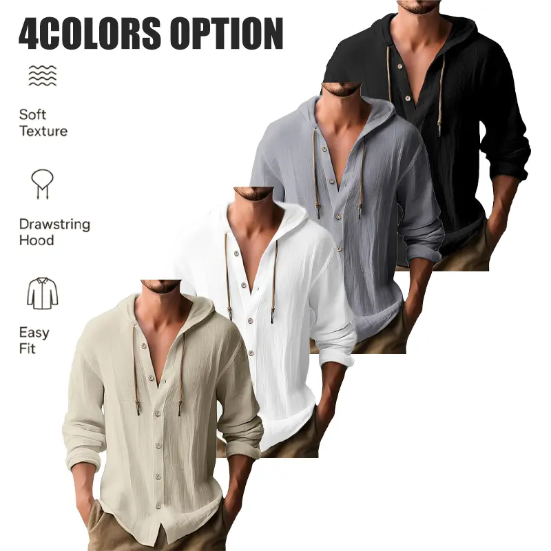 Men's Ruched Textured Hoodie - Long Sleeves, Vintage Adjustable Drawstring Hood, Soft Breathable Fabric, Solid Colors, Casual Everyday Top