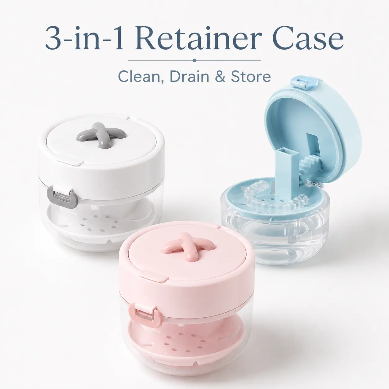 Retainer Case with Mirror & Cleaning Brush, Portable Soak Container with Drain Tray, Leak-Resistant Storage Box for Aligners, Dentures, Mouth Guards & Travel
