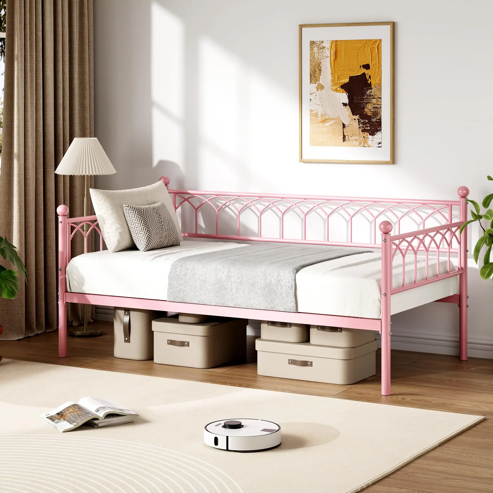 Daybed with Trundle, Metal Twin Trundle Bed with Charging Station and LED Lights, Sofa Bed Frame with Pull Out Bed for Living Room, Guest Room, Apartment or Small Spaces, Convertible Sofa Bed