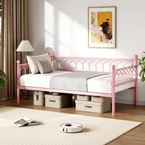 Daybed with Trundle, Metal Twin Trundle Bed with Charging Station and LED Lights, Sofa Bed Frame with Pull Out Bed for Living Room, Guest Room, Apartment or Small Spaces