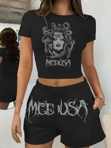Women's Casual 2-Piece Outfit Set, Snake Woman Medusa Print Crop Top and Loose Fit Shorts, Comfortable Slim-Fitting Fashion for All Seasons